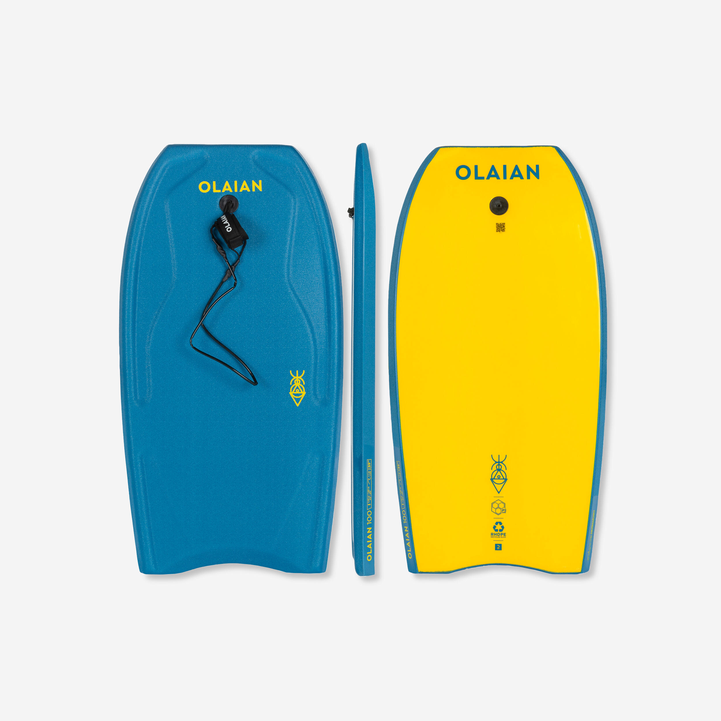 OLAIAN Bodyboard mit Handgelenk-Leash 100 blau/gelb 39