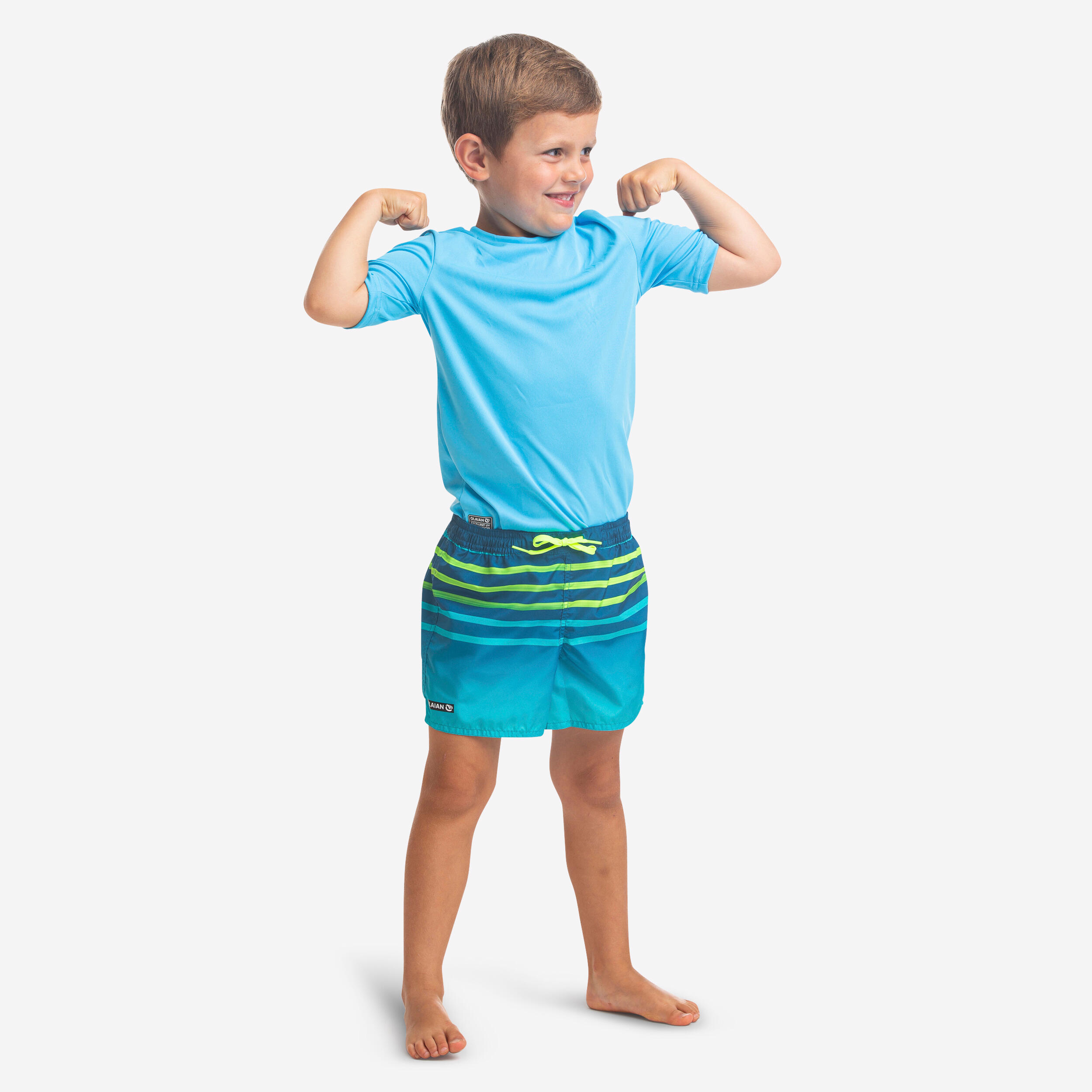 OLAIAN Boardshorts Surfen Jungen 100 Tokyo Sun blau/grün/gestreift