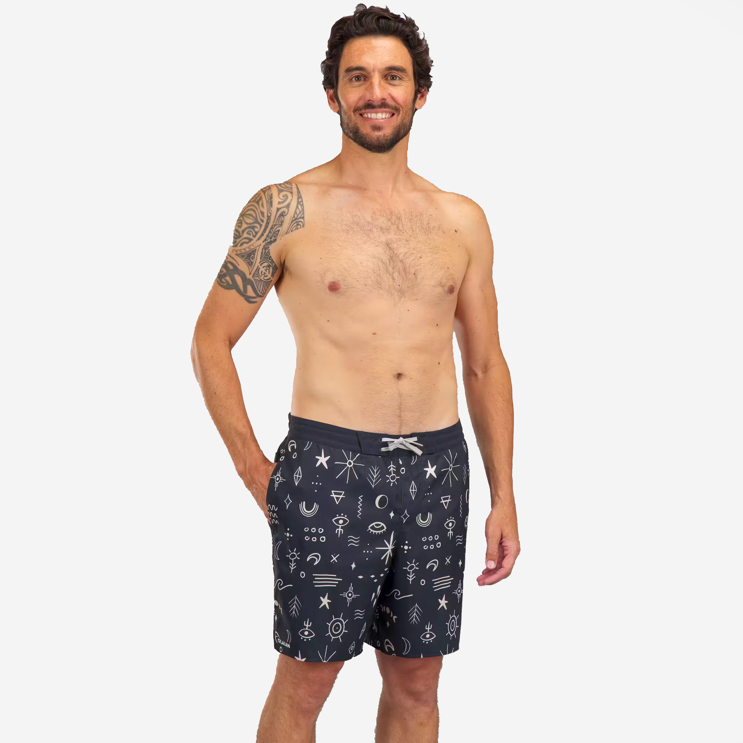 Decathlon Boardshorts Badeshorts Surfen Herren halblang 18'' 100 Symbol schwarz