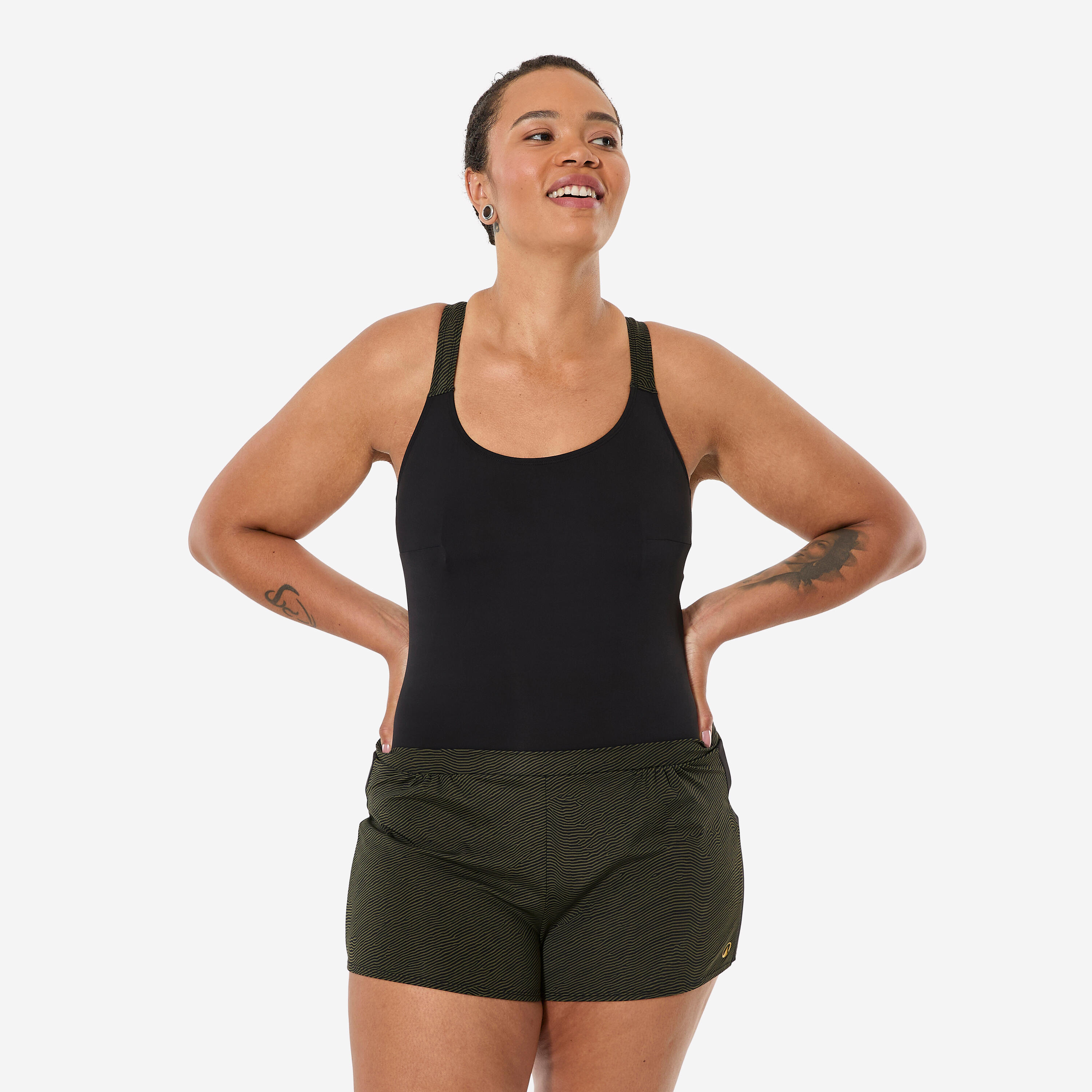 Decathlon Badeanzug Shorty Aquagym Damen weit - Sofi Sono schwarz/khaki