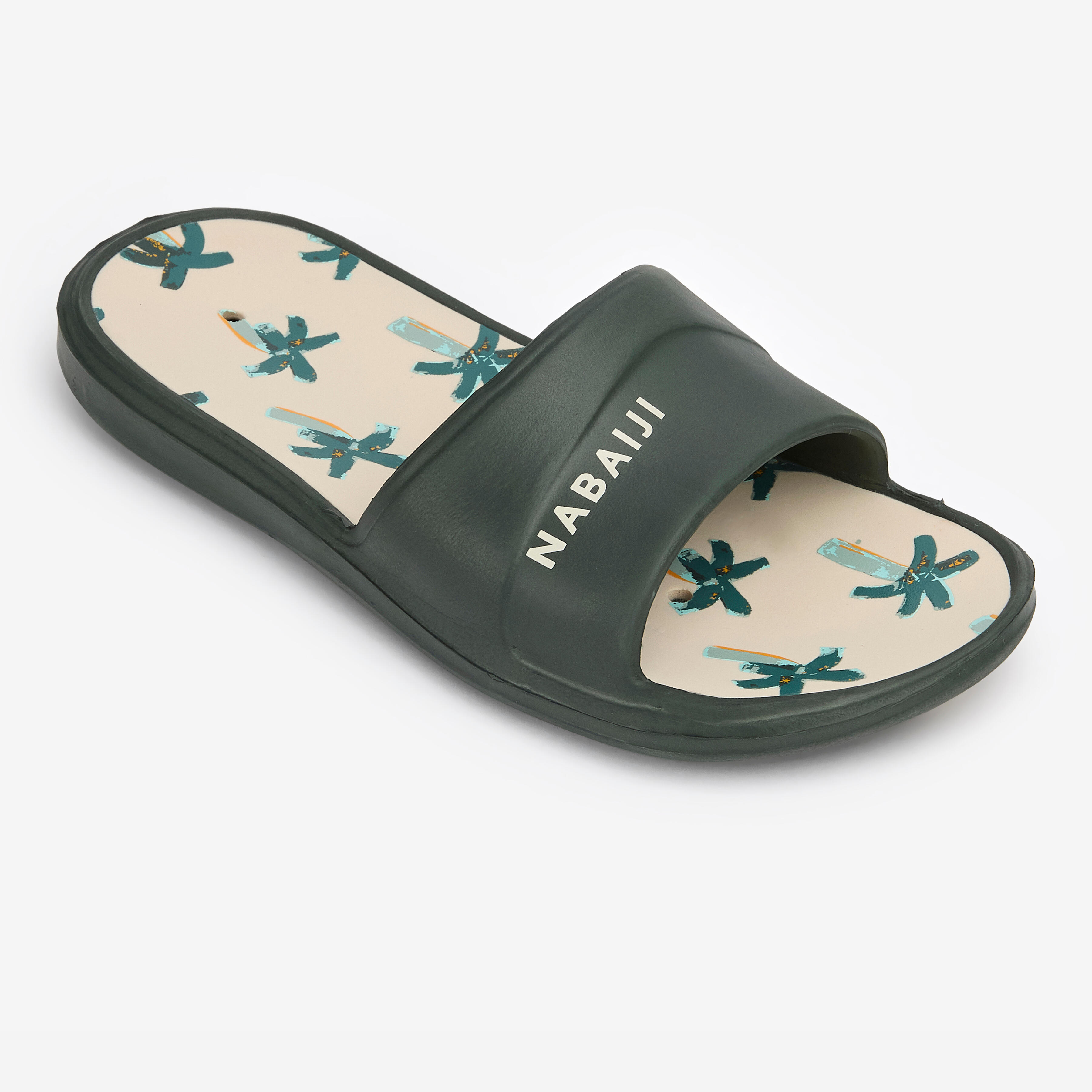 NABAIJI Badelatschen Slap 500 Kinder - Palmenaufdruck beige/khaki