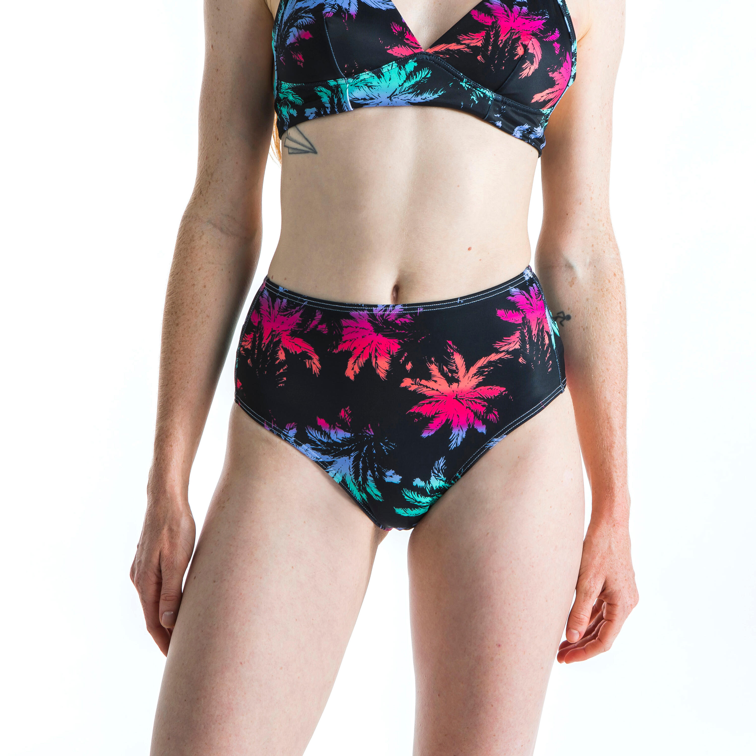 OLAIAN Bikini-Hose Damen hoher Taillenbund Romi Palmdark schwarz/pink/blaugrün L