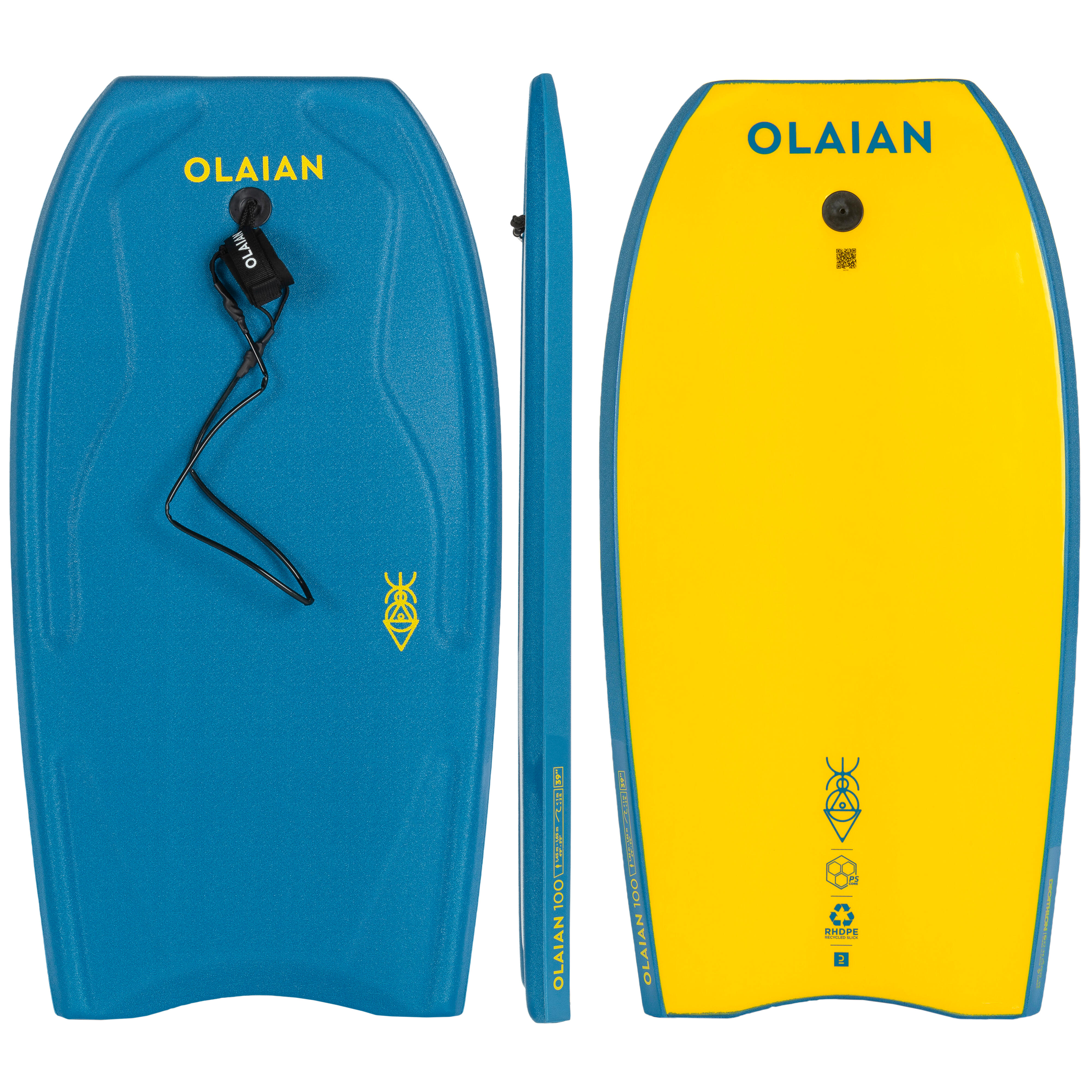 OLAIAN Bodyboard mit Handgelenk-Leash 100 blau/gelb 39