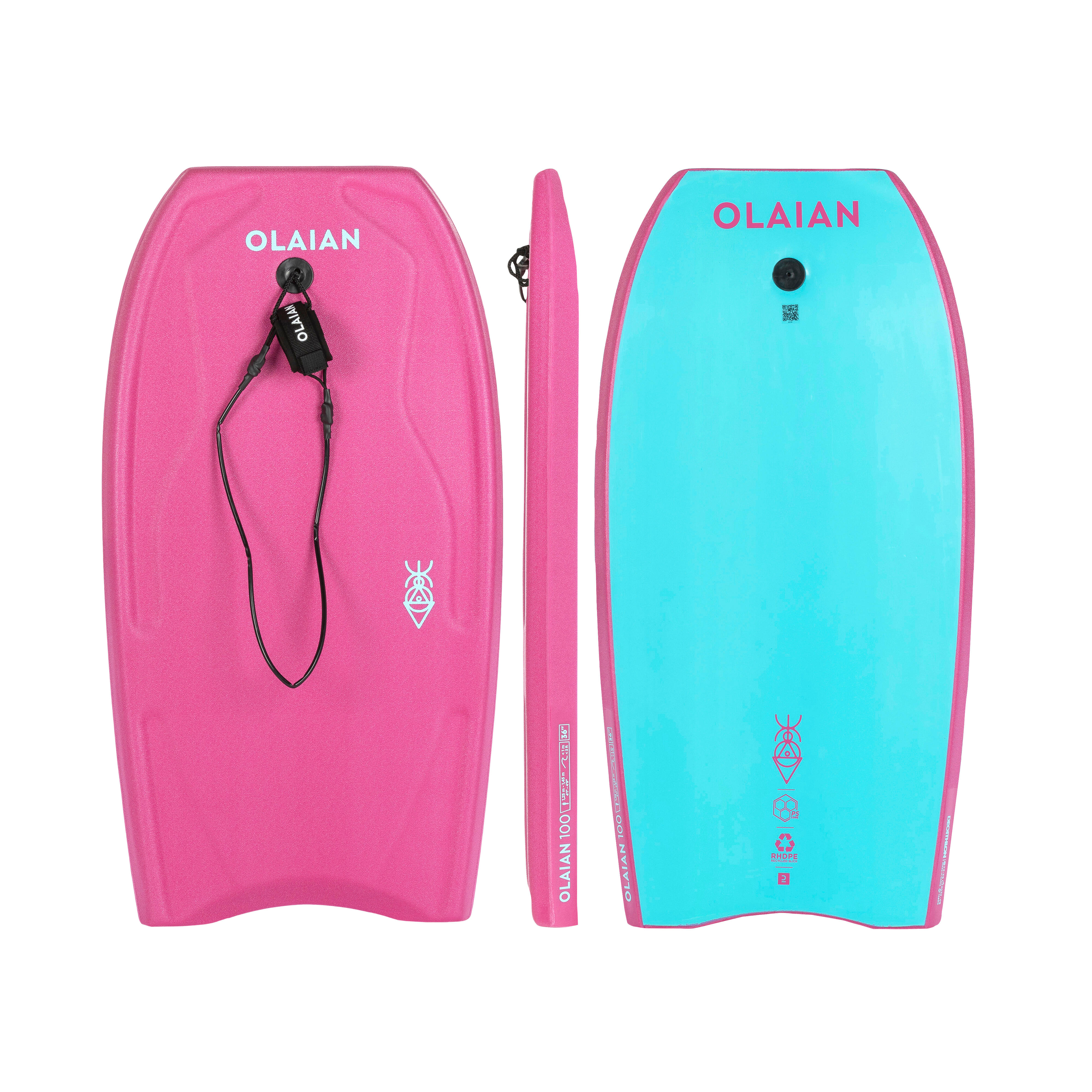 OLAIAN Bodyboard mit Handgelenk-Leash Kinder 100 rosa/blau 2XS