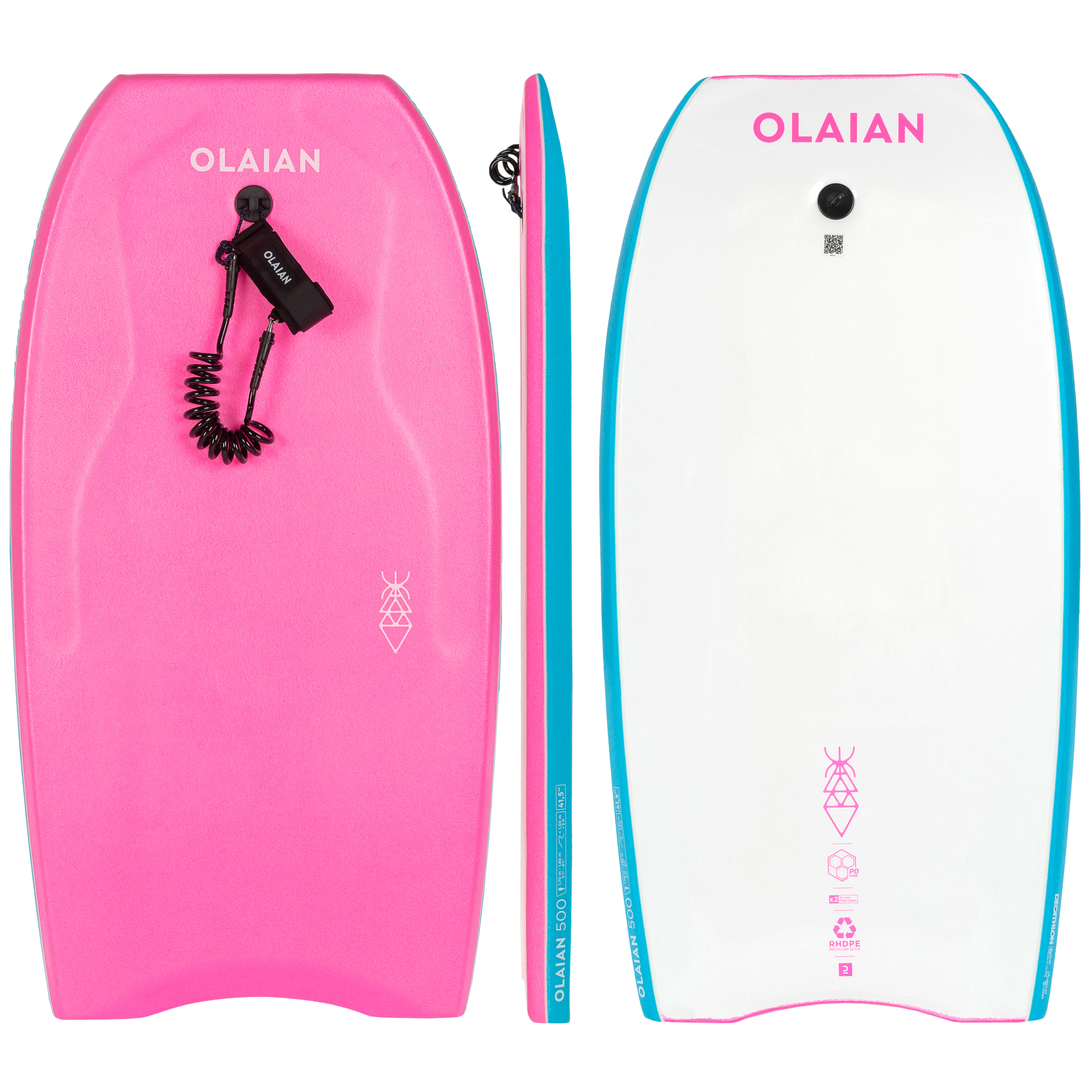 OLAIAN Bodyboard mit Leash - 500 rosa/weiss XS