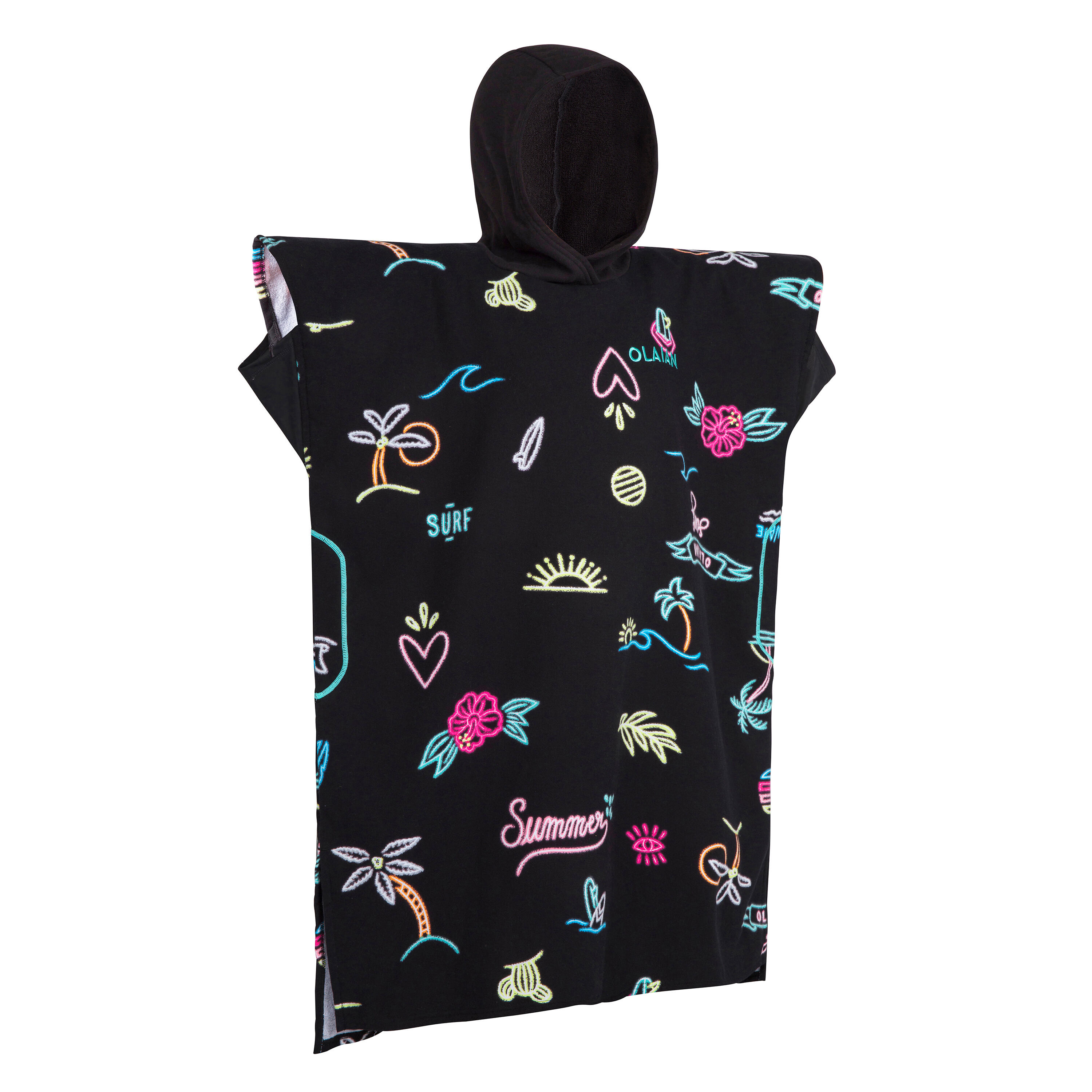 OLAIAN Surf-Poncho Kinder 550 Neon 135–160 cm schwarz/bunt