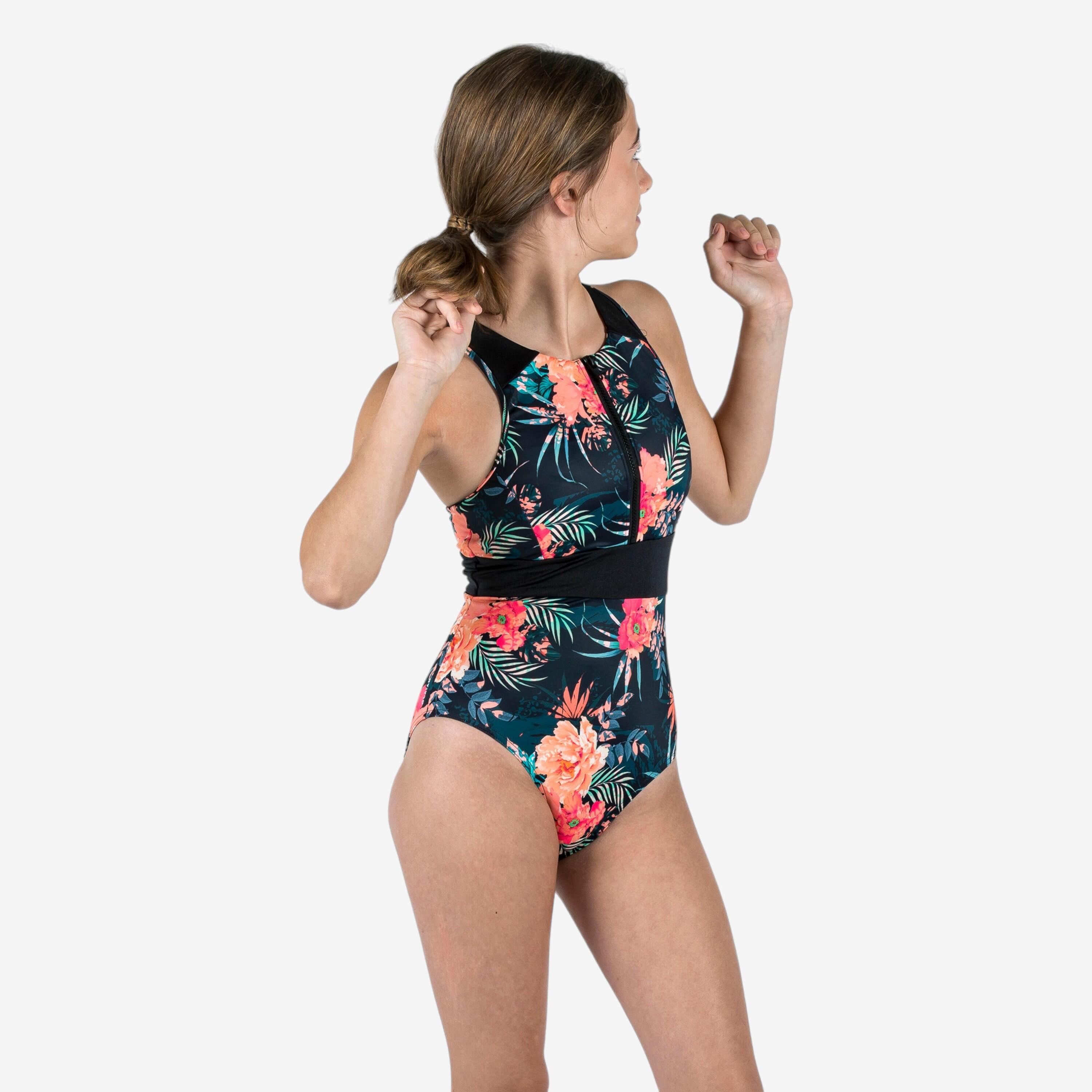 Decathlon Badeanzug Surfen Mädchen Y-Rücken Front-Reißverschluss 900 Calysta Shiso schwarz